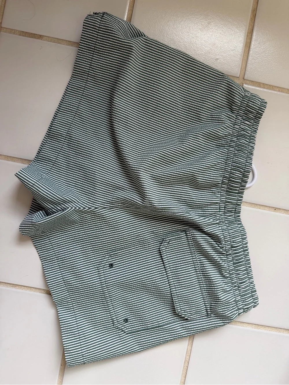 Abercrombie & Fitch Green and White Striped Swim Trunks